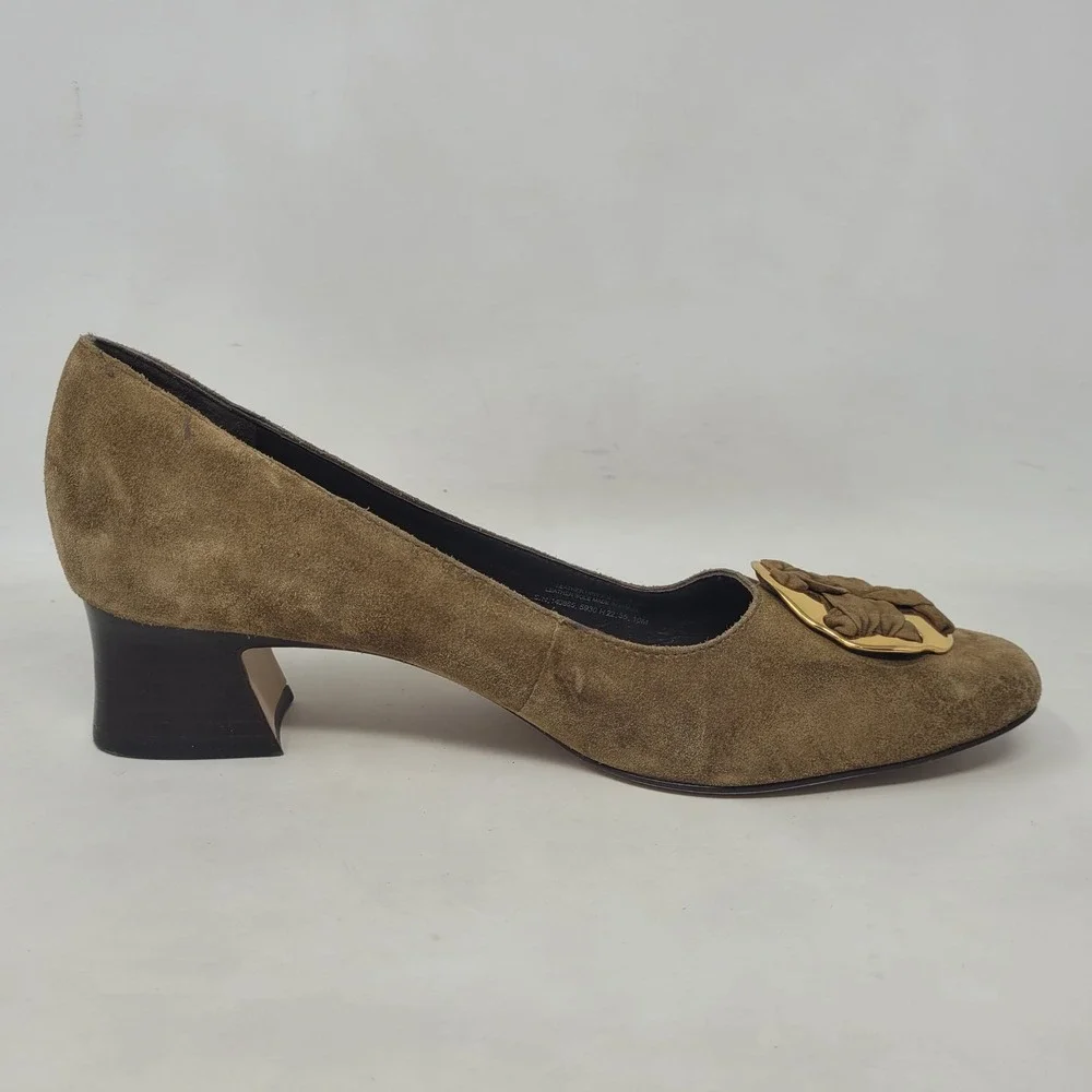 Tory Burch Heels 10M Brown Green Suede Medallion Pumps Block Heel Office Work